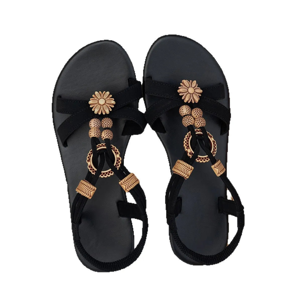 Black women's flat ethnic style beach sandals with beaded weave upper and elastic band.