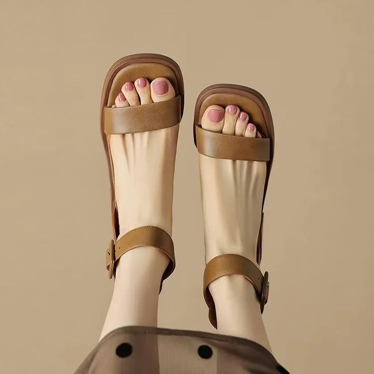 Retro women's platform high heels with ankle strap in white or khaki colour