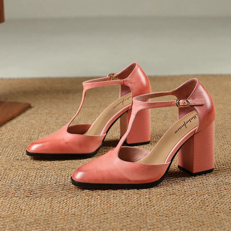 Baotou hollow women's retro pointed Mary Jane shoes in pink and dark brown with buckle fastening.