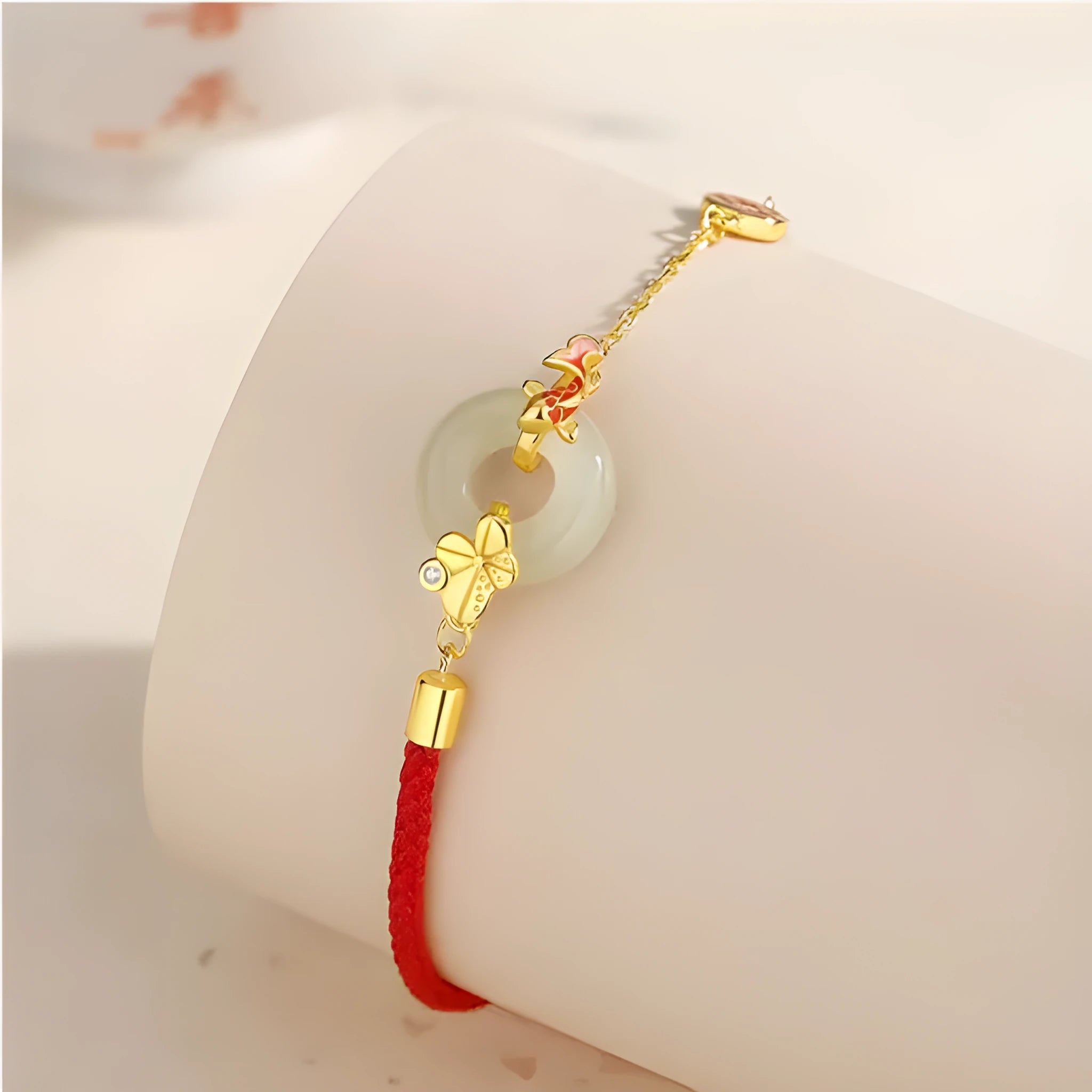 Women's gold electroplated 925 silver koi fish peace buckle bracelet with adjustable red rope