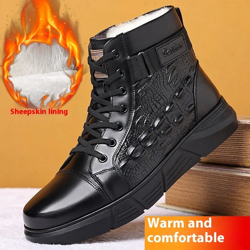 Men's black genuine leather snow boots with fur integration and velvet detailing, lace-up front closure