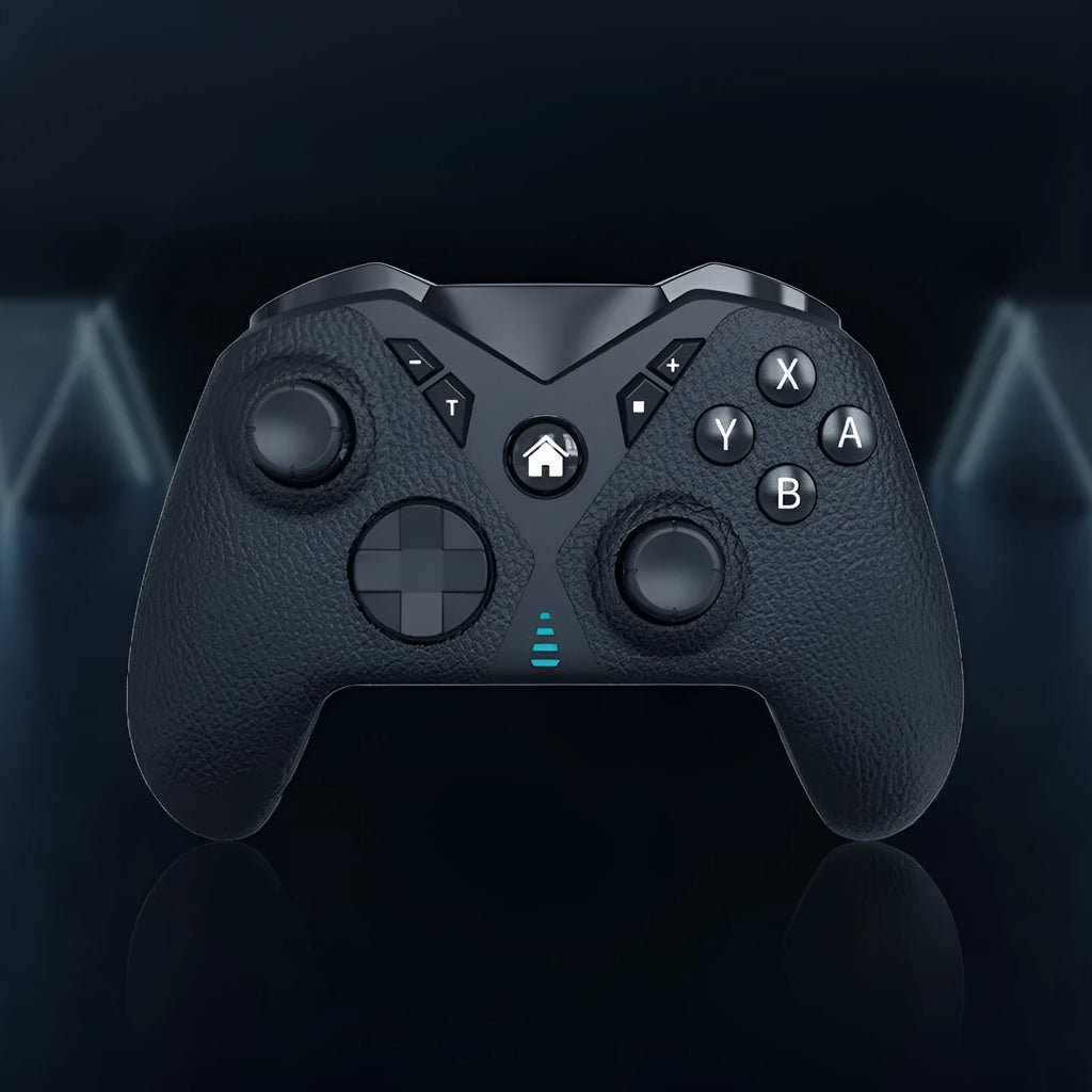 Black wireless game controller for Nintendo Switch with leather-pattern texture on grips