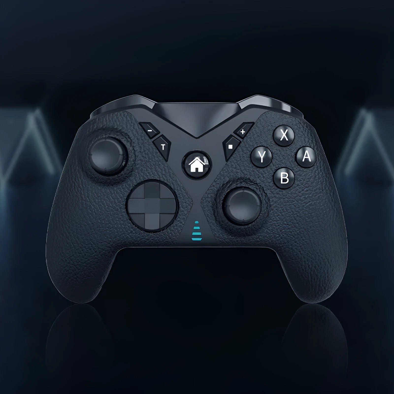 Black wireless game controller for Nintendo Switch with leather-pattern texture on grips