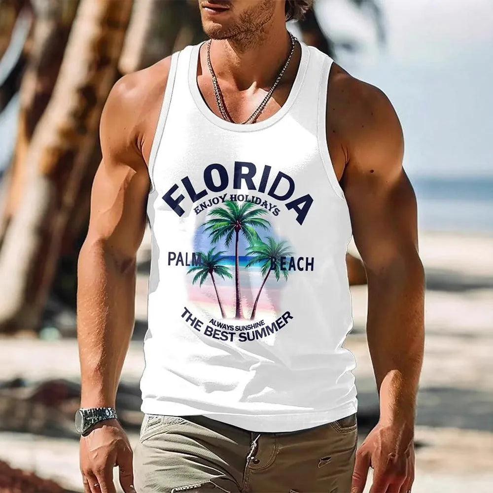 Man wearing a solid-colour 3D printed sleeveless vest in a Hawaiian style.