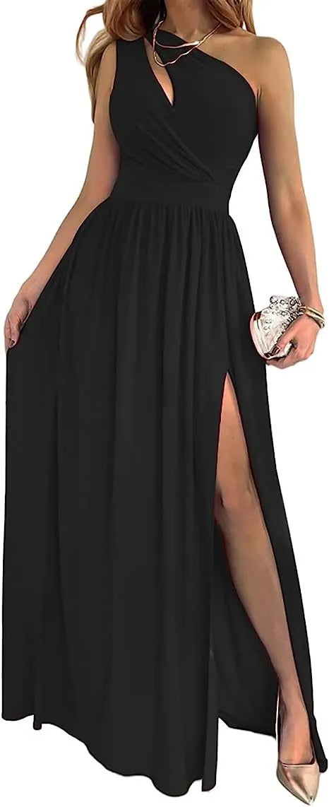 Apricot one shoulder maxi dress with high split and cutout detail on a mannequin
