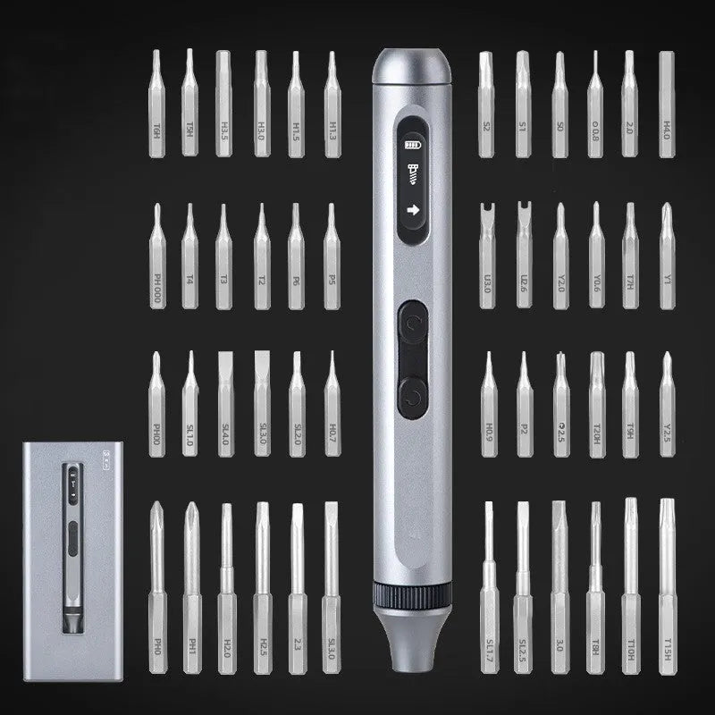 Precision electric screwdriver with aluminium alloy handle shown beside its charging cable and bits.