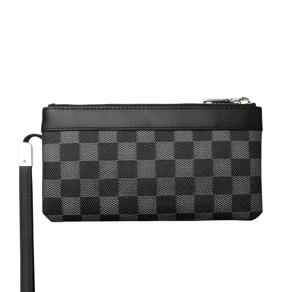 Black plaid pattern genuine cowhide leather men's wallet showing 20x10 cm dimensions