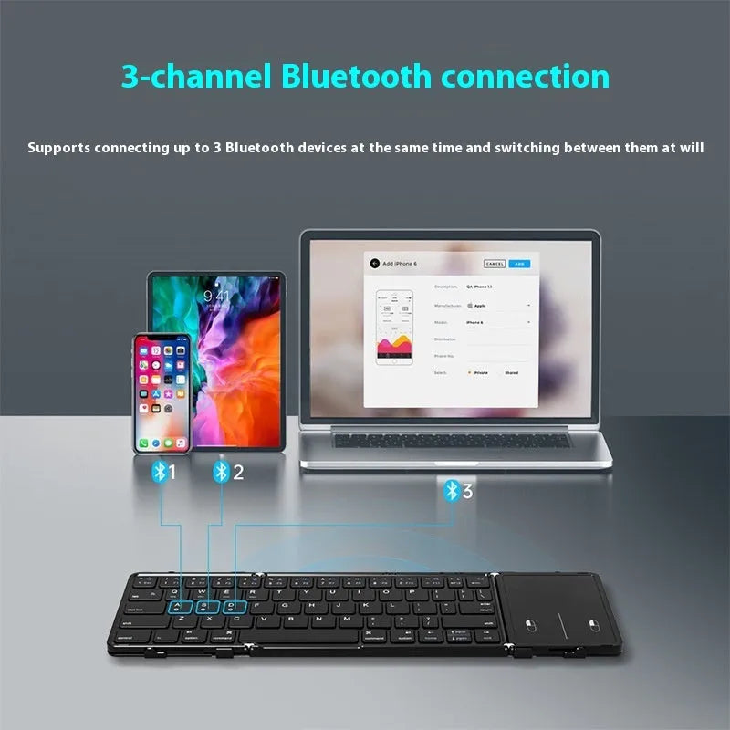 Black folding Bluetooth keyboard for mobile phones and tablets showing folded and unfolded positions