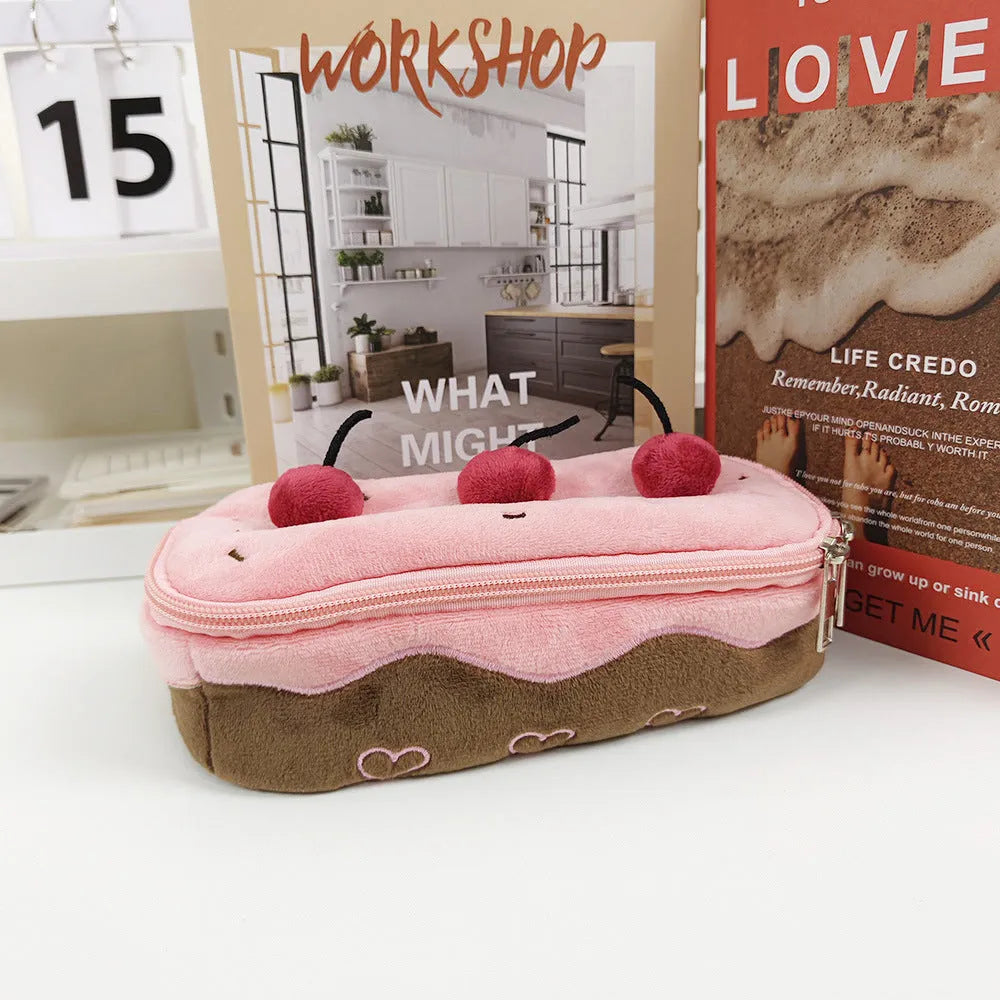 Cherry Cake coloured velvet plush pencil bag with Korean style design