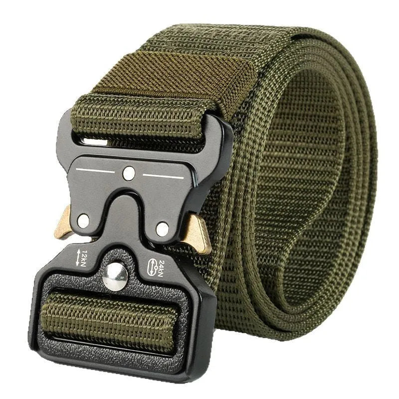 Men's tactical canvas belt with alloy release buckle in five colour options showing 120cm length