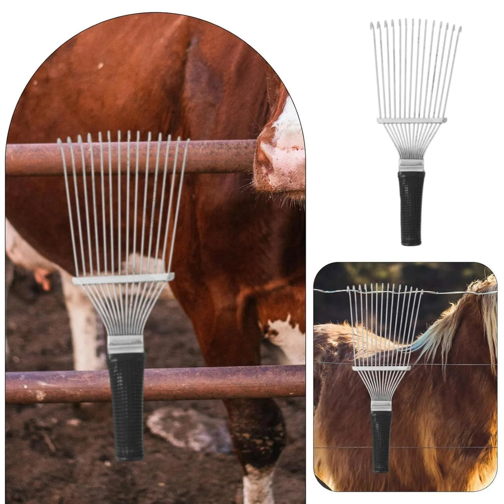 Black stainless steel horse grooming rake with metal comb teeth, measuring 33 cm long.