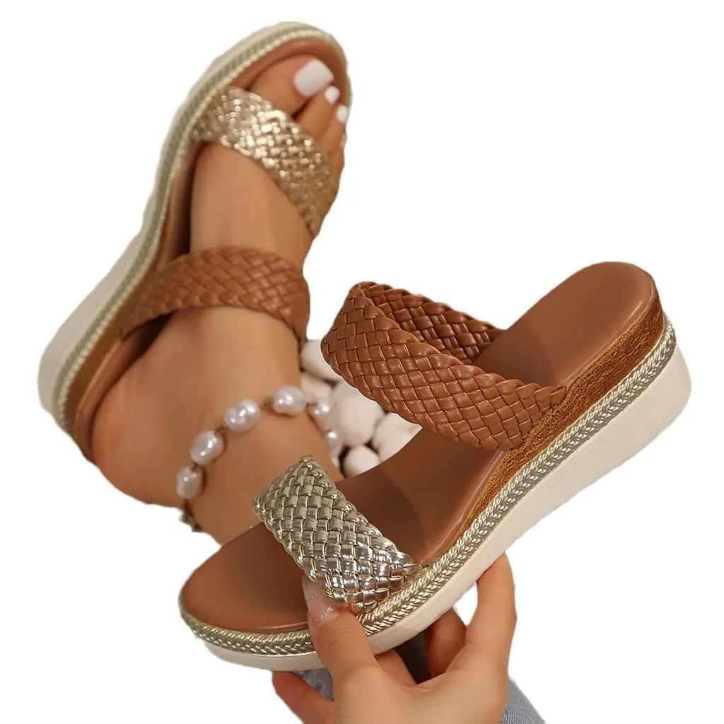 Gold and silver plus-size women's wedge sandals with PU upper and rubber sole.