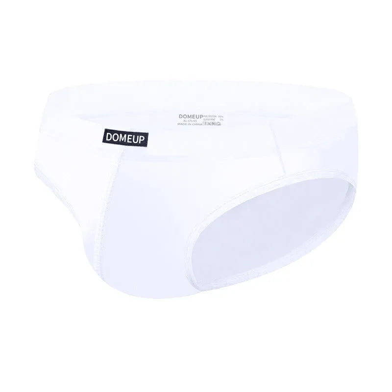 Men's solid colour low waist breathable briefs in white, shown on a size chart.