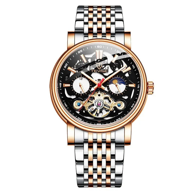 Men's tourbillon mechanical watch with luminous hands and water resistance in rose black colour