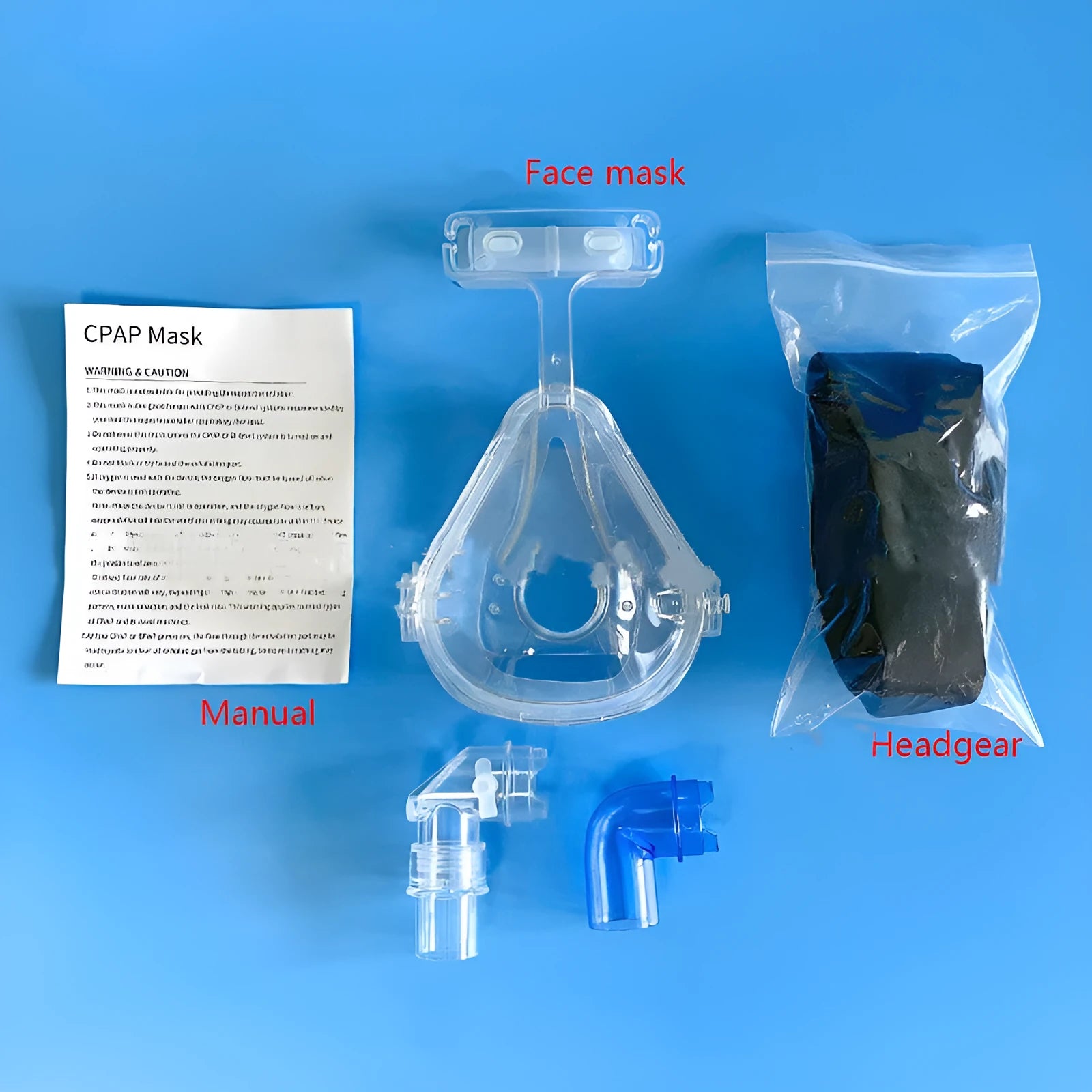 CPAP breathing mask accessory kit with transparent silicone mask and adapter elbows