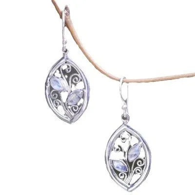 Silver alloy leaf-shaped earrings with embedded colourful moonstones for women