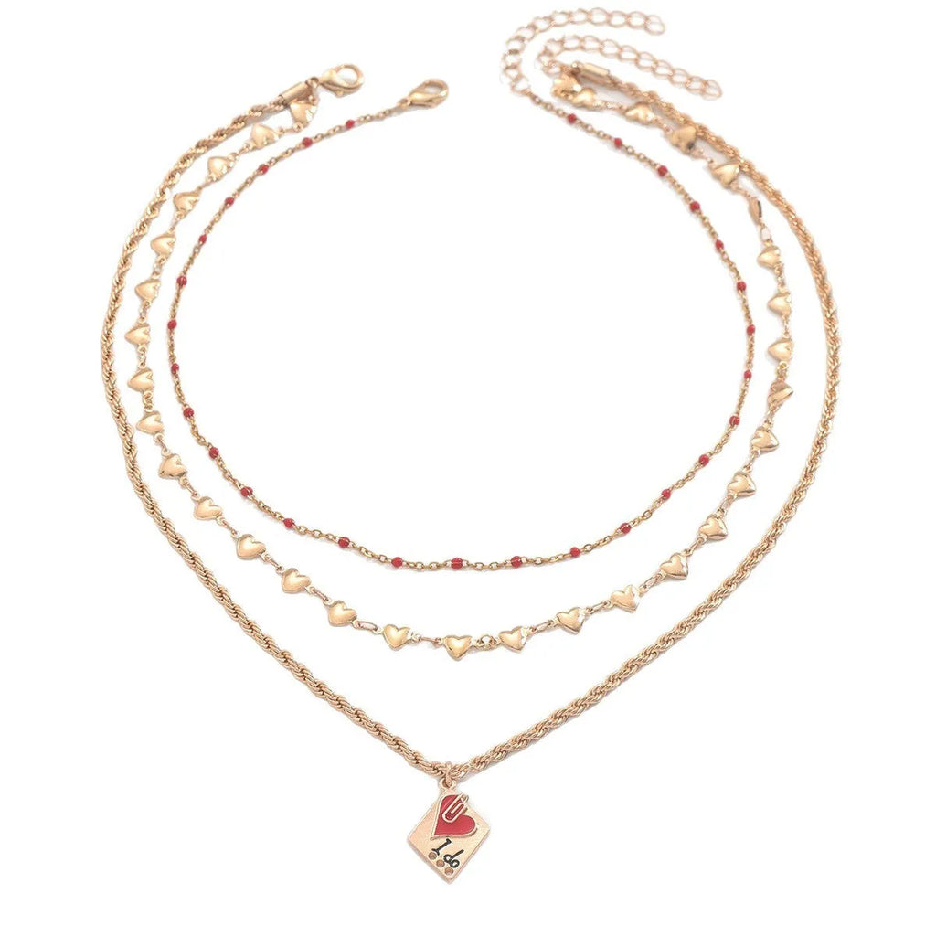 Three-layer zinc alloy clavicle chain necklace with geometric heart pendant, adjustable 41-50cm length