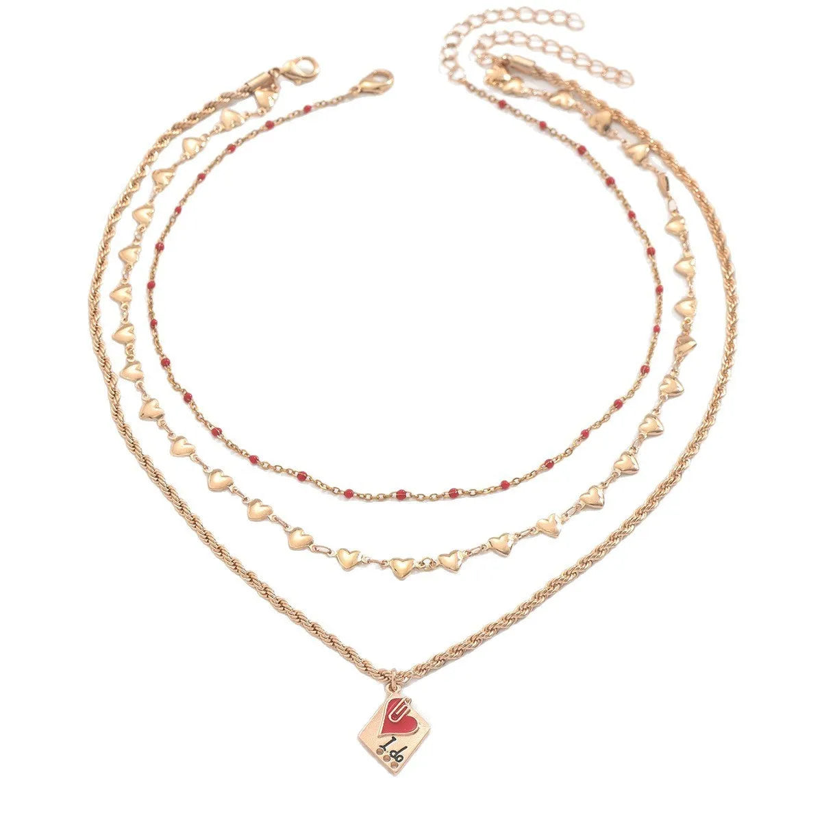 Three-layer zinc alloy clavicle chain necklace with geometric heart pendant, adjustable 41-50cm length