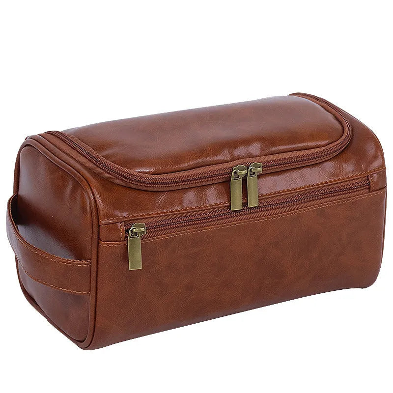 Large waterproof cosmetic bag in retro style, shown in PU leather brown and Oxford cloth navy blue options.