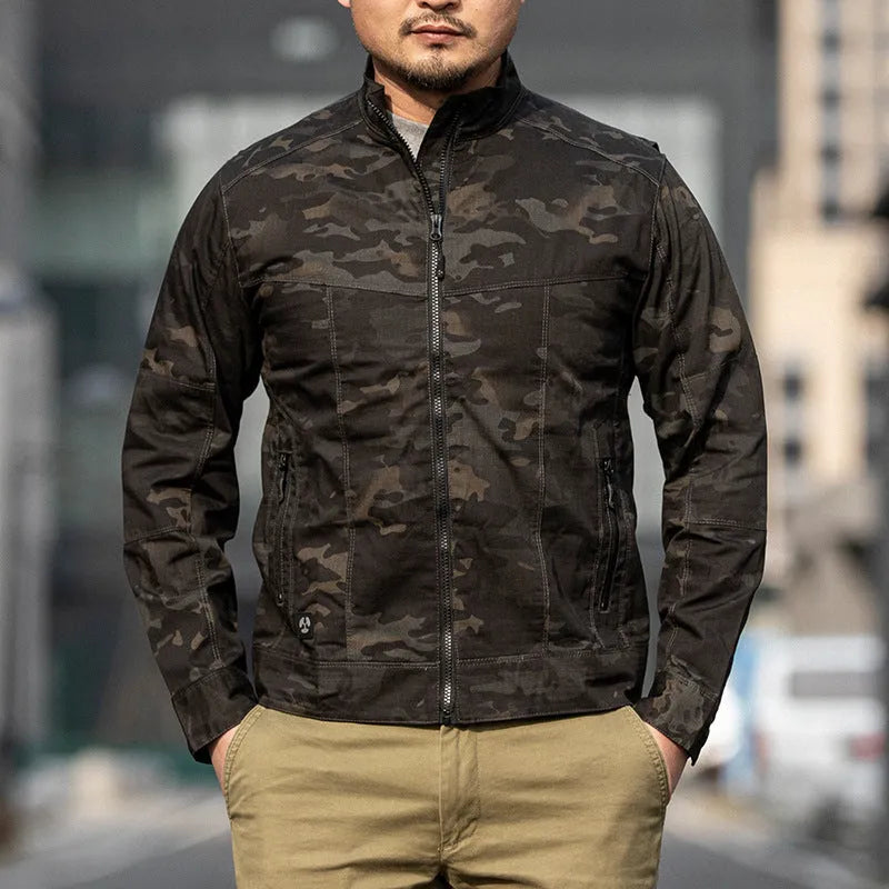 Men's brown tactical fashion jacket with wear-resistant polyester construction on a mannequin.