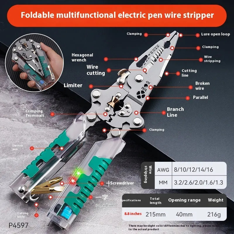 Thickened 8.8-inch electricians' pliers with wire stripper function and pointed nose design