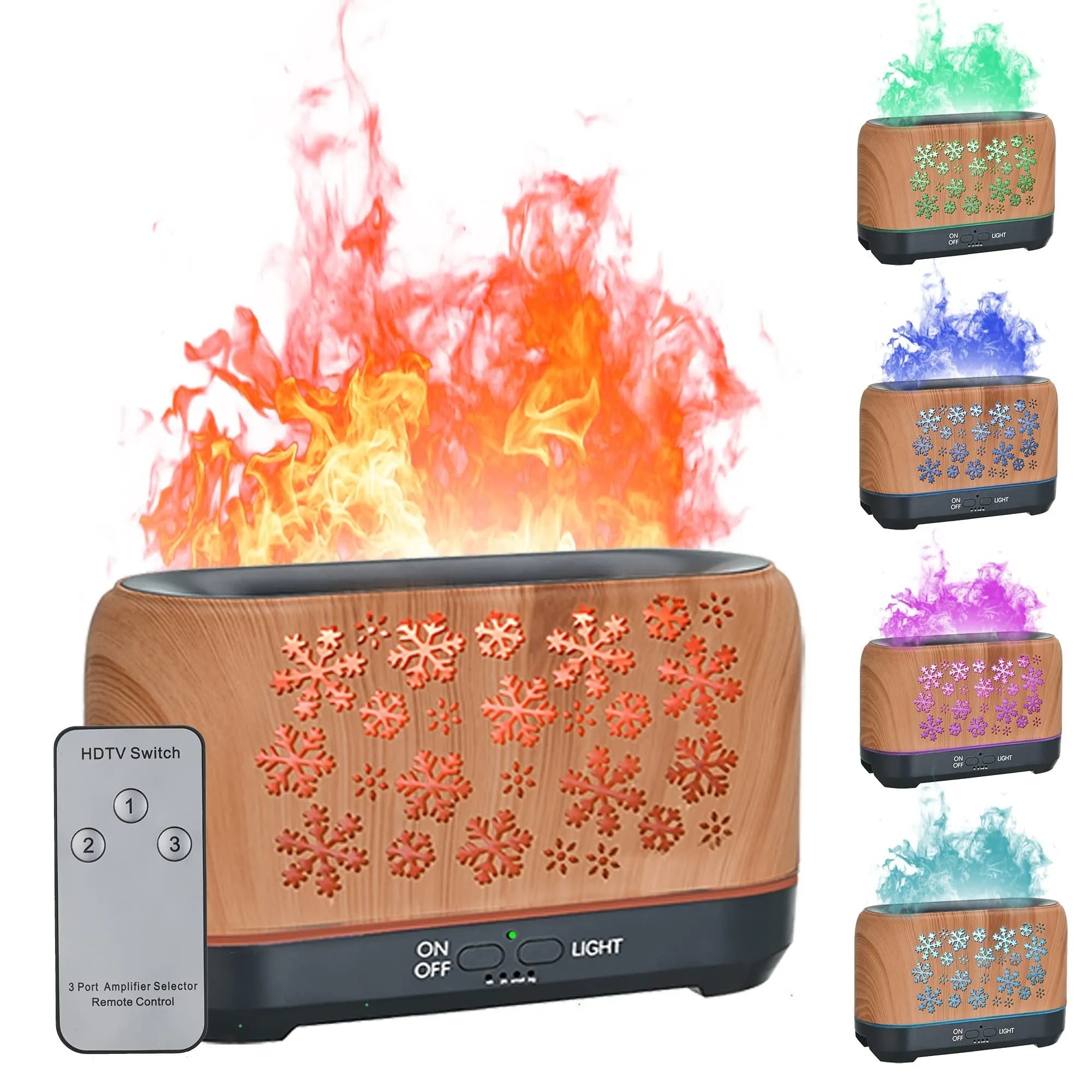 Colourful snowflake wood grain desktop humidifier with remote control and flame lighting effect
