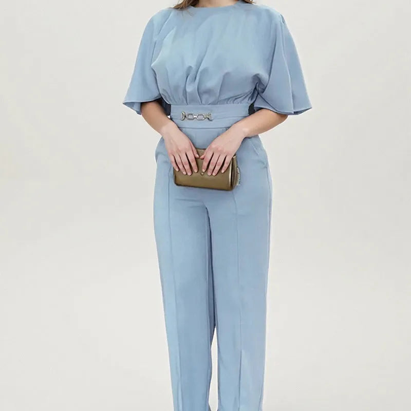 Blue polyester men's suit set with trousers and long-sleeved jacket in European/American sizing