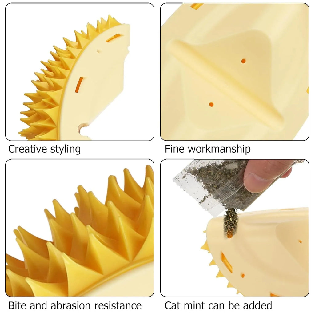 Yellow durian-shaped cat corner scratcher mounted on wall with cat mint powder