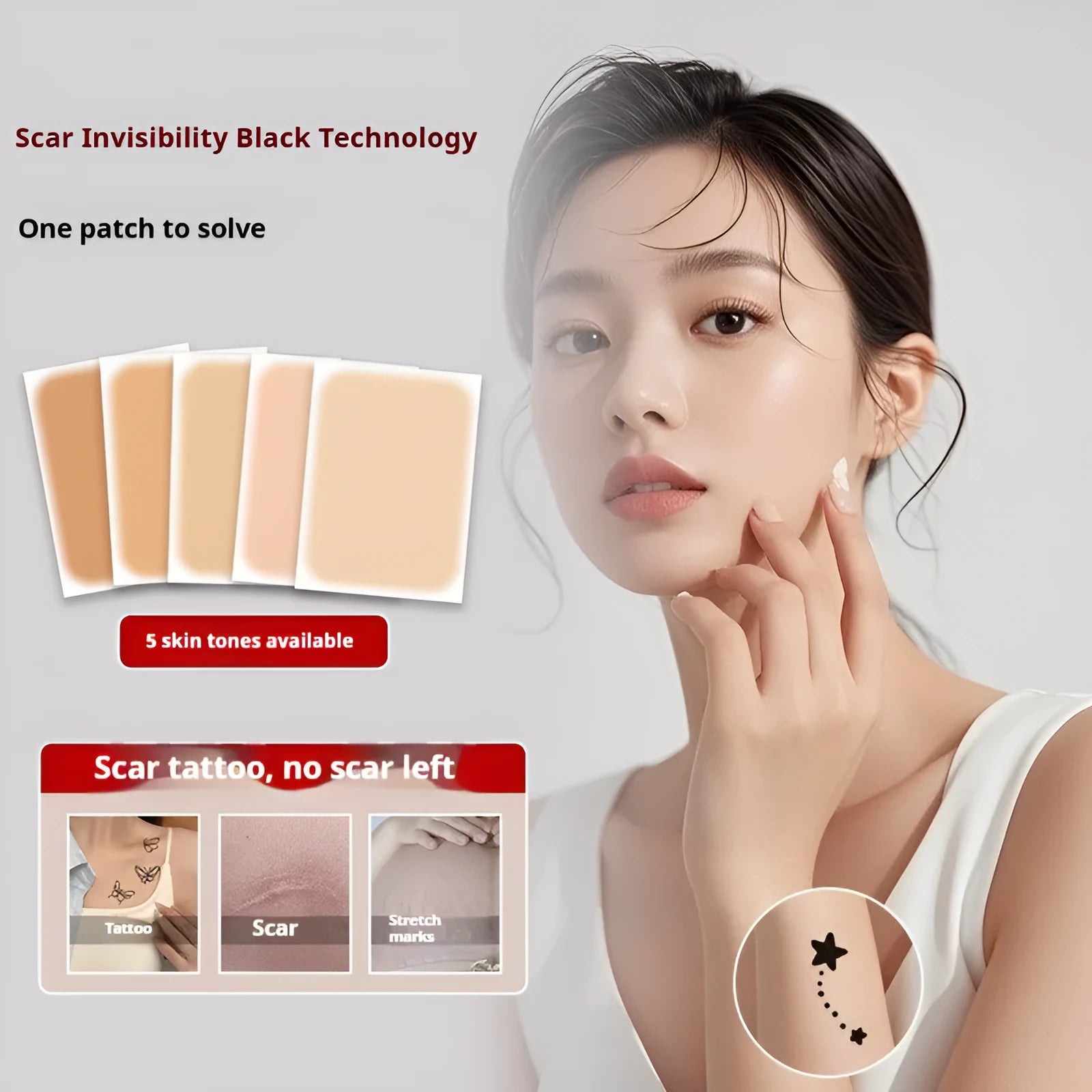 Adhesive tattoo cover patch and 130mm long applicator brush for skin concealment makeup.