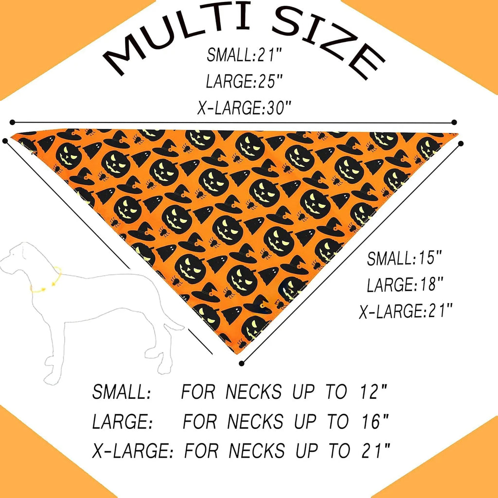 Reversible black and orange Halloween dog bandana with pumpkin and spider web patterns.