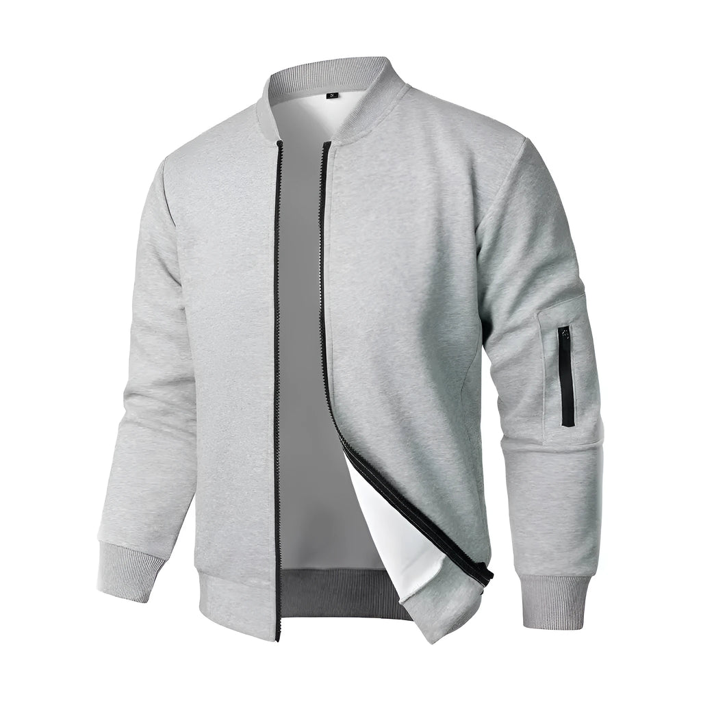 Men's loose-fit knitted jacket in light business style, shown in black, blue, or grey colour options.