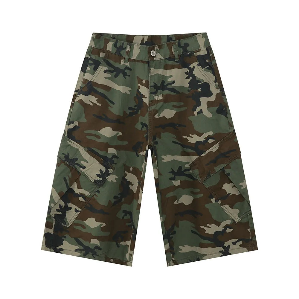 Men's cropped camouflage jeans with large pockets and American side stitching