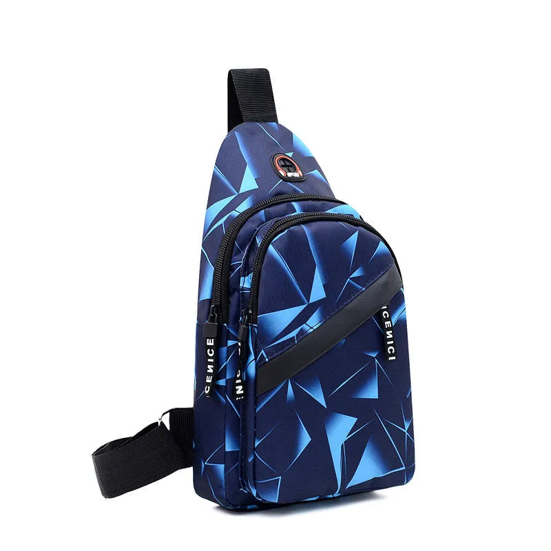 Men's blue oxford cloth sling chest bag with earphone hole and adjustable shoulder strap