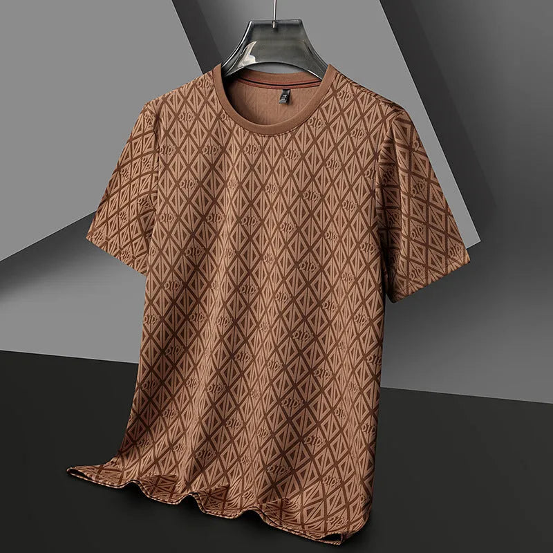 Man wearing a loose-fit ice silk jacquard short sleeve top in a solid colour.