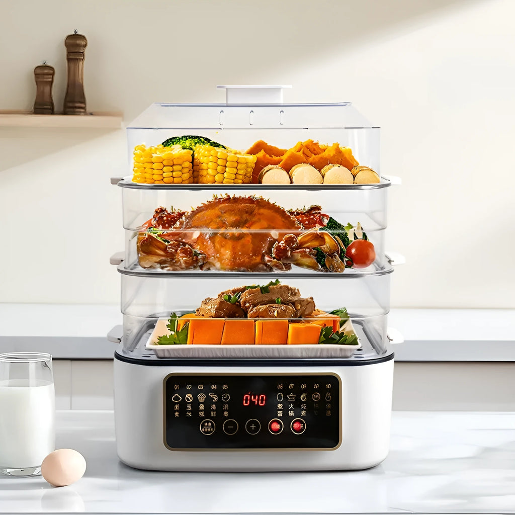 28L stainless steel electric food steamer with digital display and steaming rack.