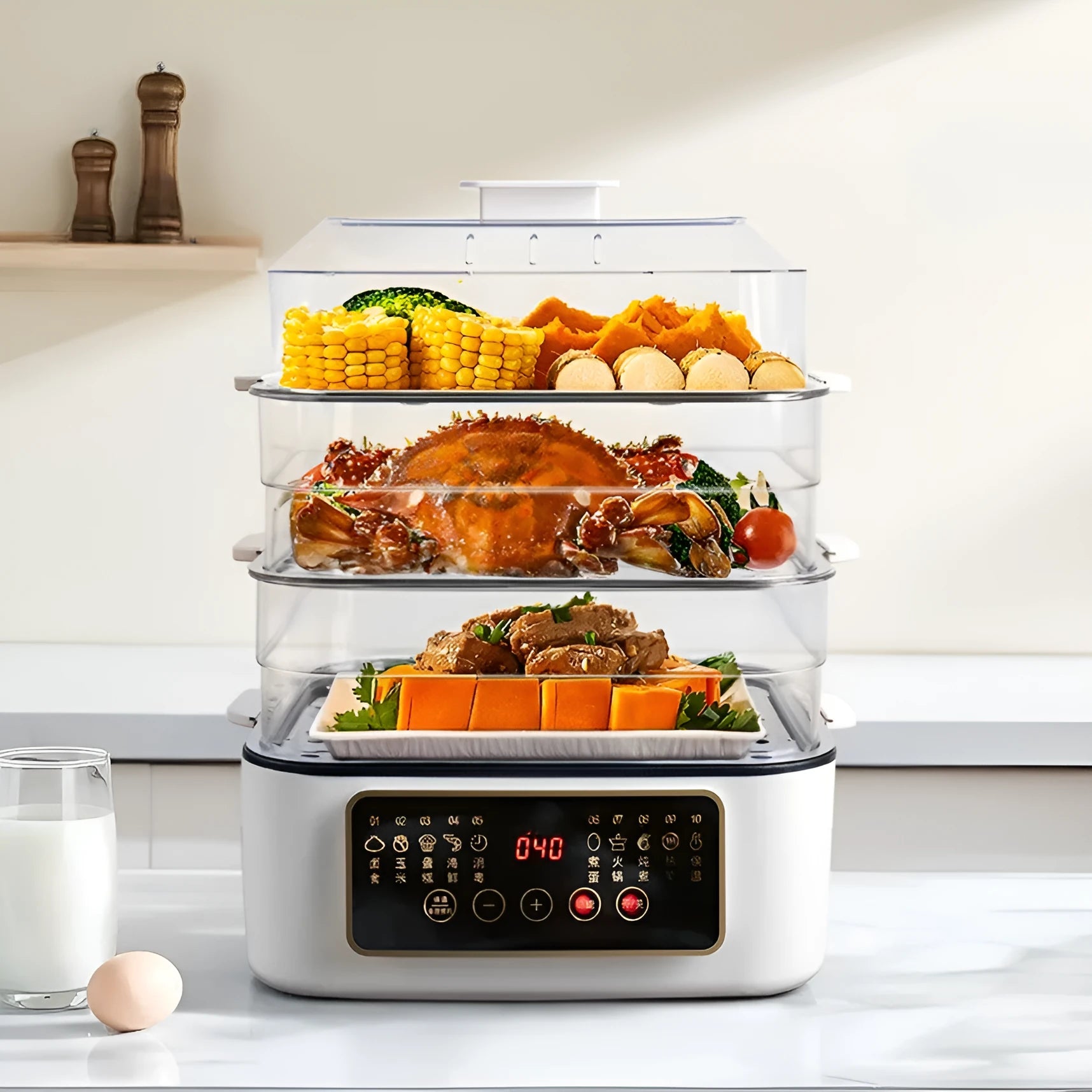 28L stainless steel electric food steamer with digital display and steaming rack.