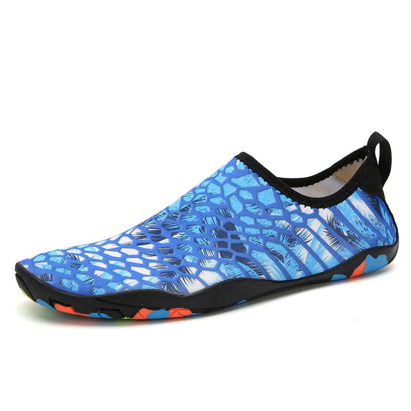 Lycra fabric beach wading shoes for swimming in blue, black, pink, purple, and camouflage colours