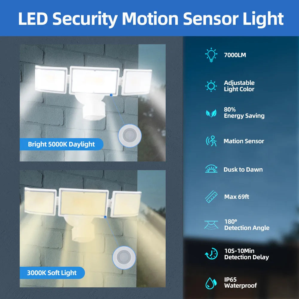 White 120V LED flood light with motion sensor for outdoor security mounting.
