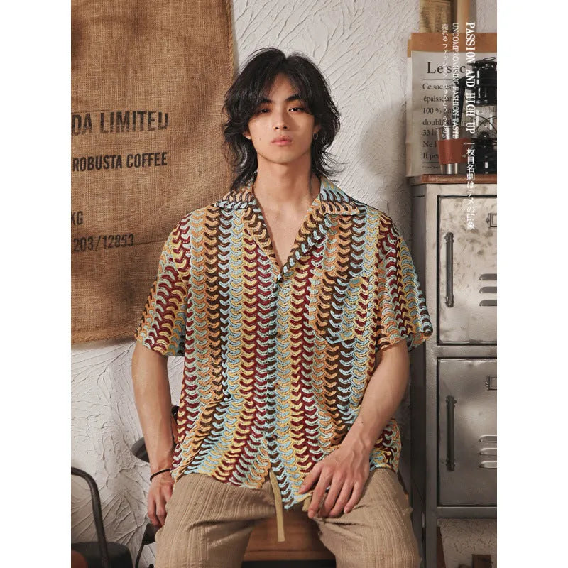 Grey or red Japanese-style Cuban collar short sleeve shirt with jacquard pattern, shown in slim fit.