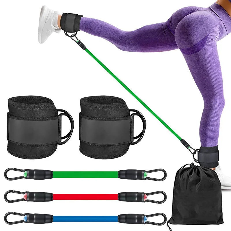 TPE yoga resistance band set with three tension levels, ankle buckle, and foot loops for fitness training