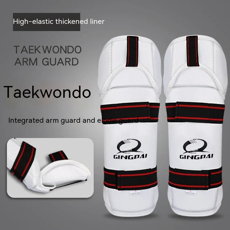 Taekwondo protective gear set showing arm guards and leg protectors with PU EVA foam construction
