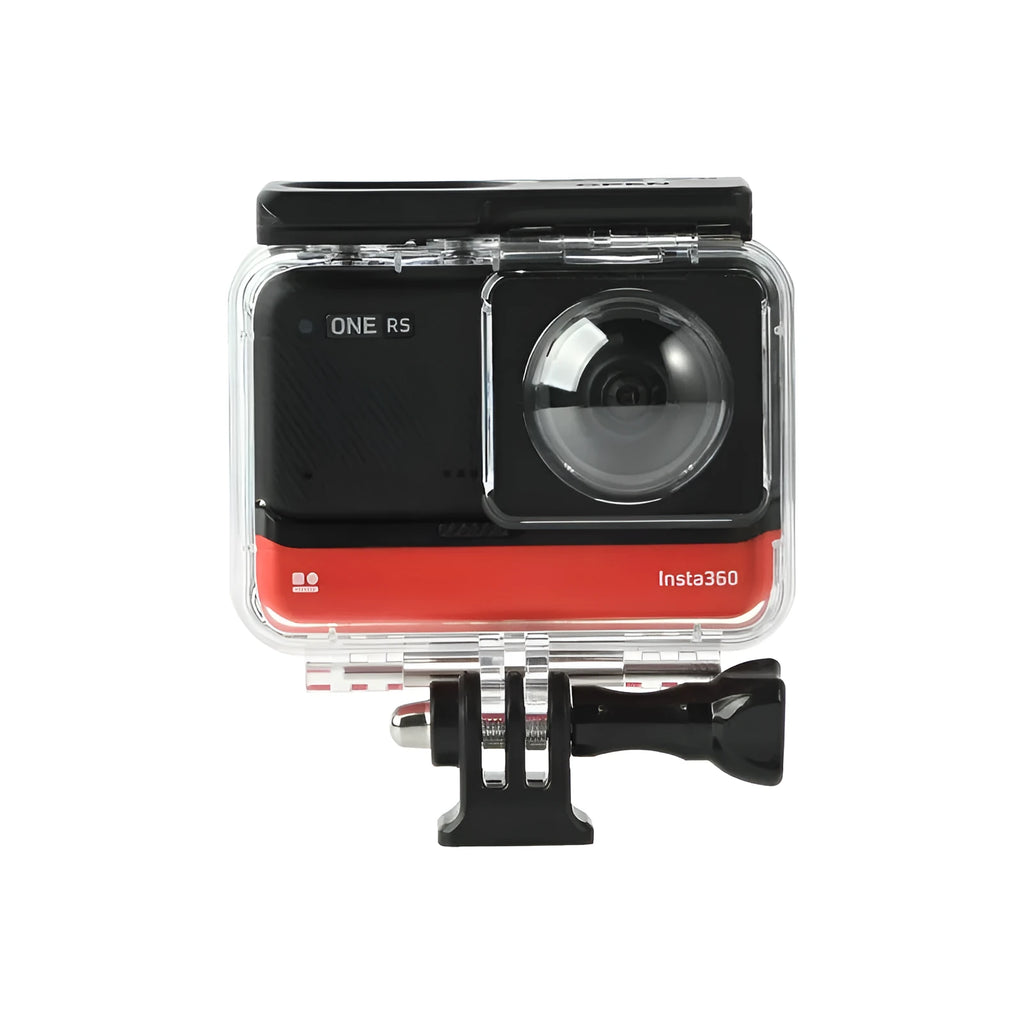 Transparent waterproof housing for Insta360 One RS panoramic camera showing dual-lens protection