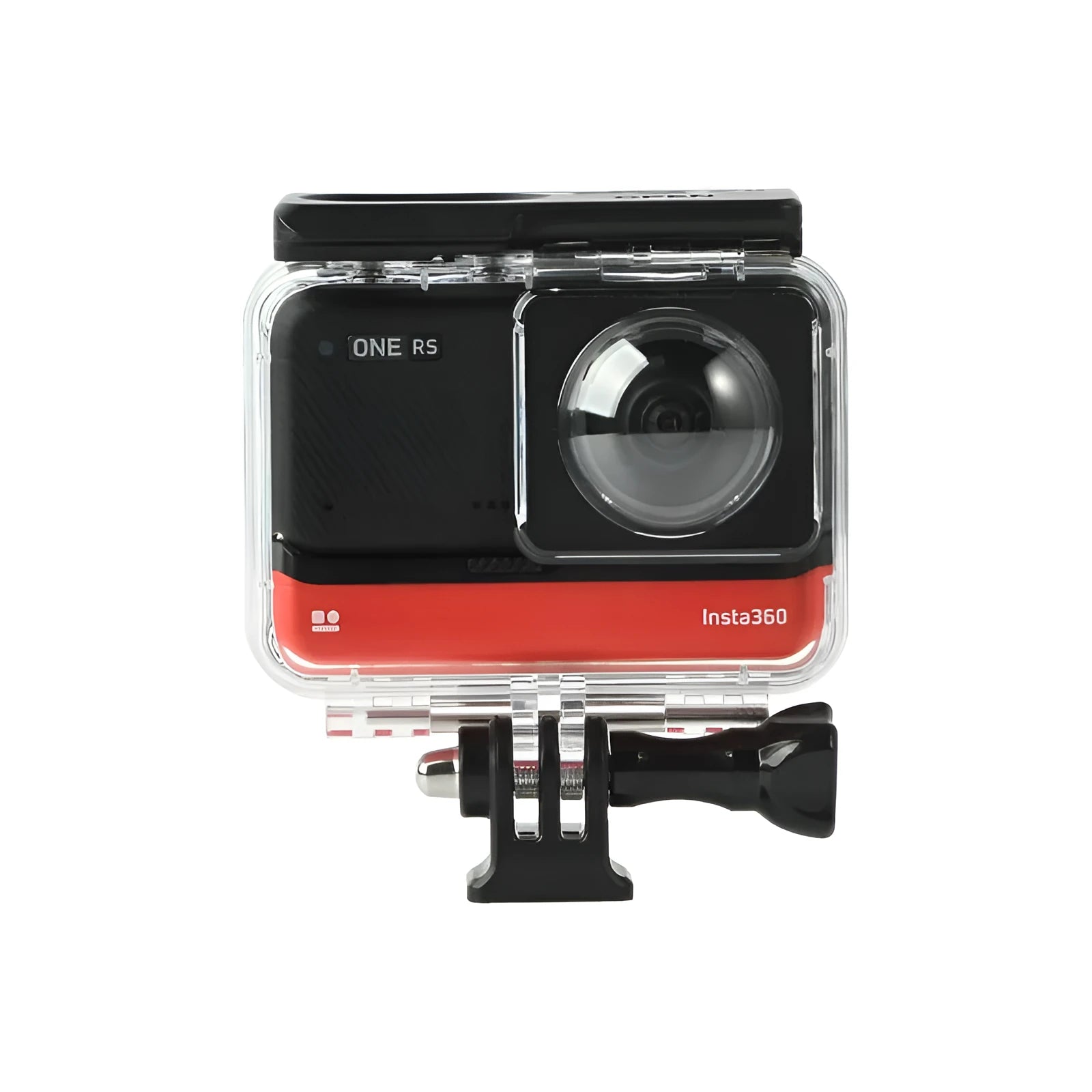 Transparent waterproof housing for Insta360 One RS panoramic camera showing dual-lens protection