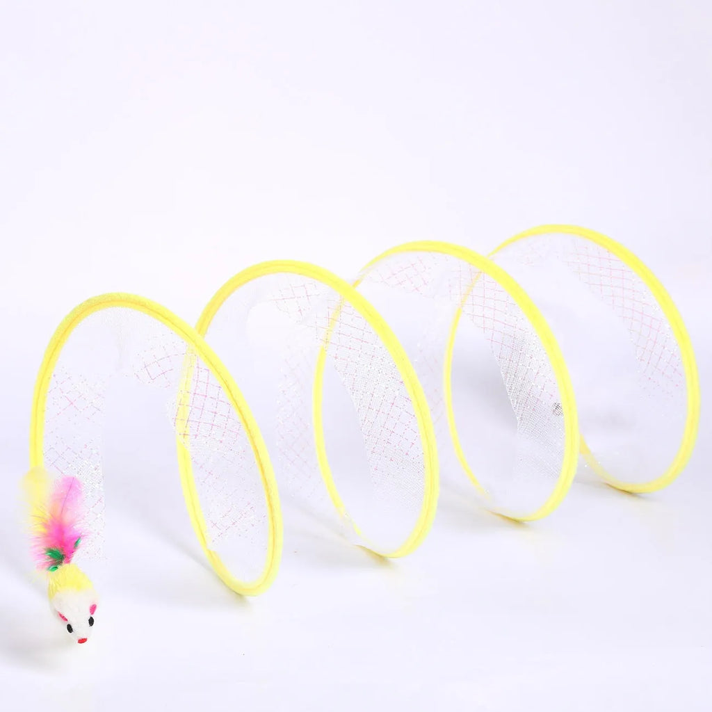 S-shaped cat tunnel toy with steel frame, elastic net sides and feather attachments