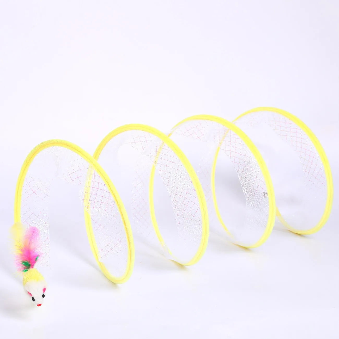 S-shaped cat tunnel toy with steel frame, elastic net sides and feather attachments