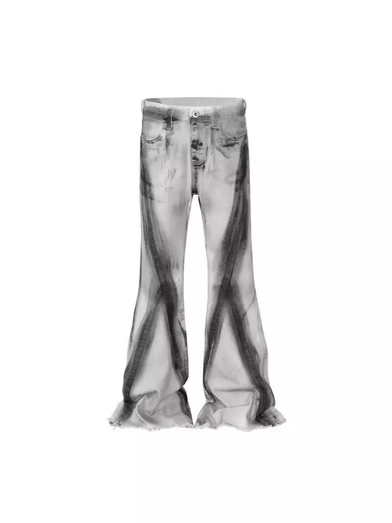 Men's white retro jeans with heavy rough denim texture and black ribbon gradient colour detail on the legs.