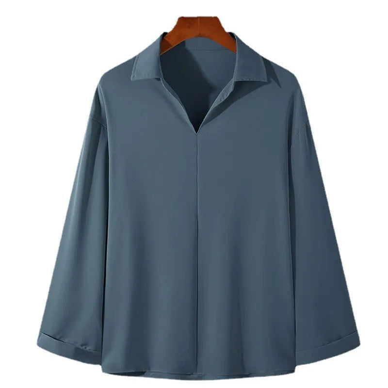Men's loose lapel casual shirt in polyester blend available in white, black, skin tone and blue