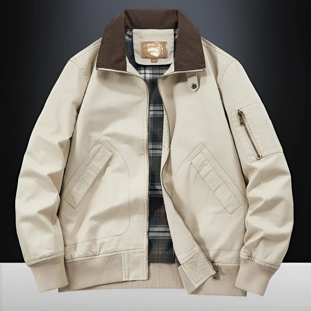 Men's plus size washed cotton flight jacket in camel colour on a hanger.
