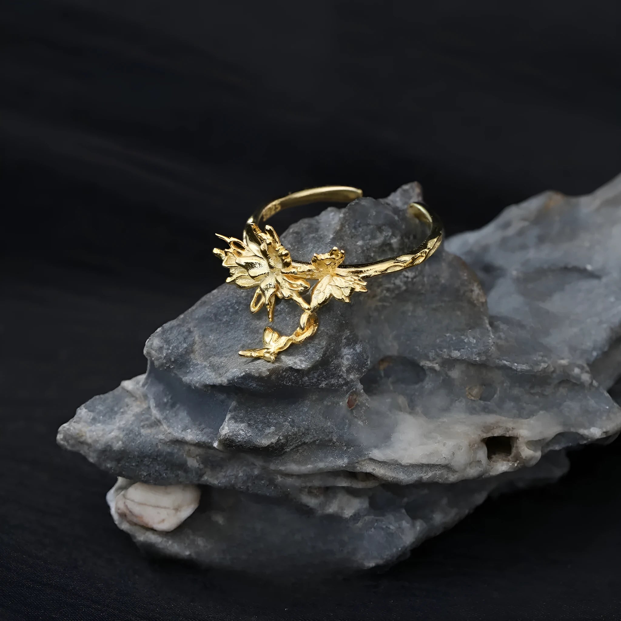 Adjustable silver butterfly ring with electroplated white gold or 18K gold finish