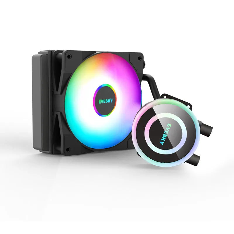 Aluminium CPU liquid cooling radiator with RGB illuminated fans mounted in a gaming PC case.